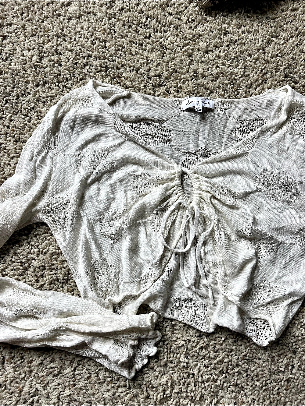 Emory Park Ruched Open-Knit Crop Top in White Size Medium
